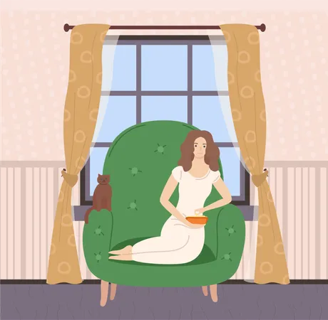 Woman Sitting On Sofa Or Big Armchair With Cat Female Eating Popcorn Interior Of Room Wooden Window With Curtain Wallpaper And Floor Leisure Vector Illustration
