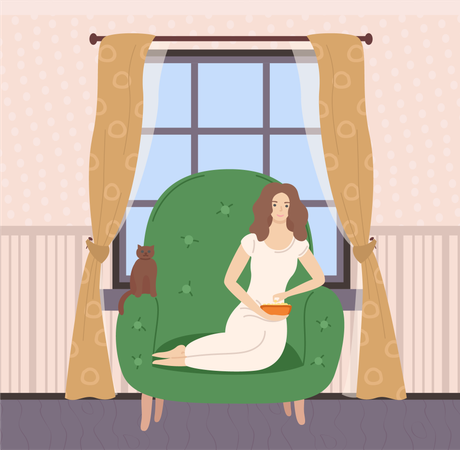 Female sitting on sofa with cat  Illustration