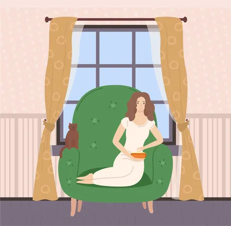 Female sitting on sofa with cat  Illustration