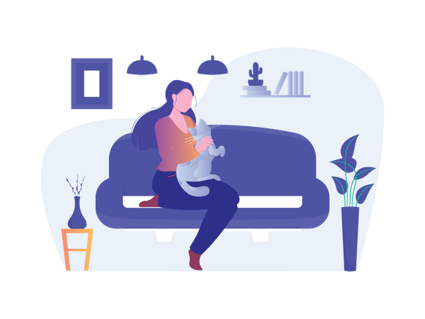 Female Sitting On Sofa With Pet  Illustration