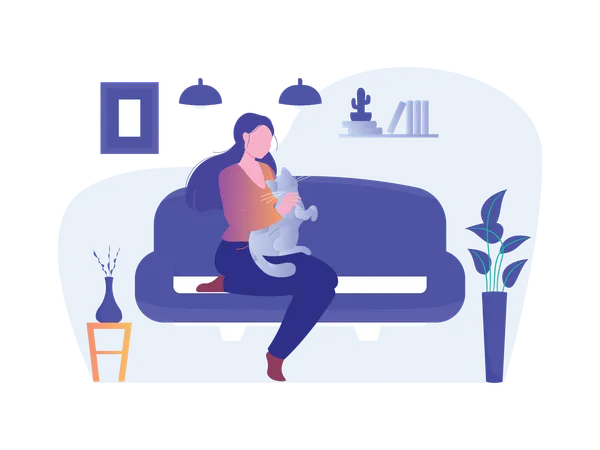 Female Sitting On Sofa With Pet  Illustration