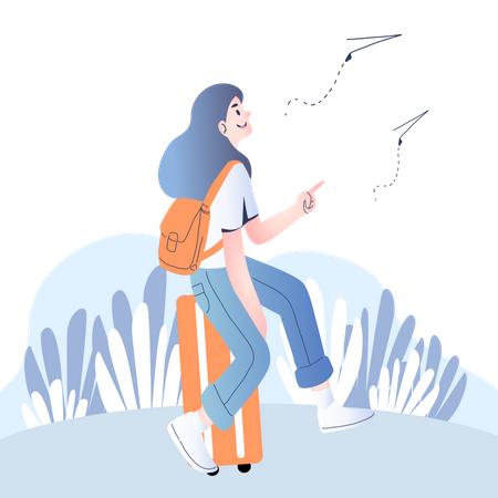 Female sitting on suitcase and looking at paper plane Illustration