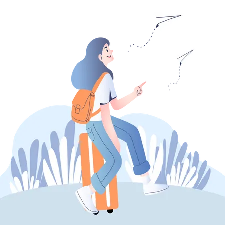 Female sitting on suitcase and looking at paper plane  Illustration