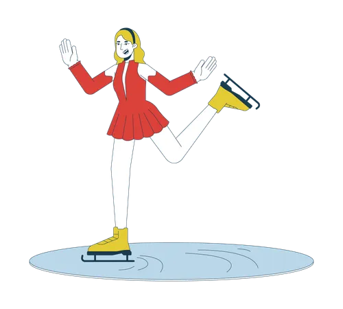 Female Skater Figure Skating Line Cartoon Flat Illustration Blonde Caucasian Ice Skater Girl Figureskating 2 D Lineart Character Isolated On White Background Wintersport Scene Vector Color Image 일러스트레이션