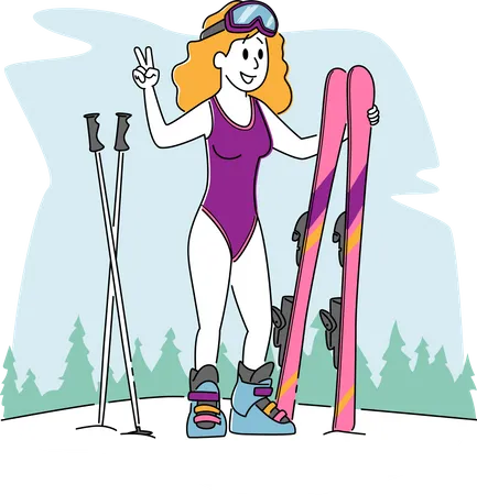 Female Skiing in Mountains Illustration