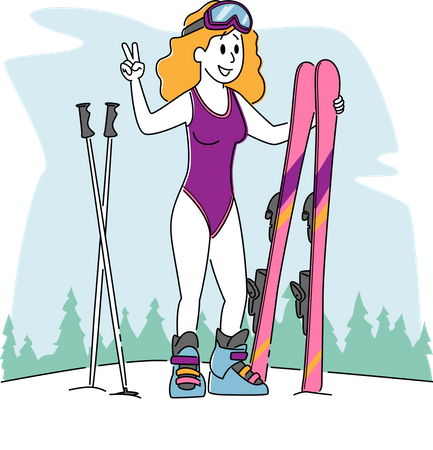 Female Skiing in Mountains  Illustration