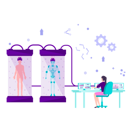 Female smart research robot is utilizing various lab programs to build another robot  Illustration