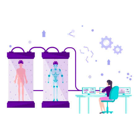 Female smart research robot is utilizing various lab programs to build another robot  Illustration