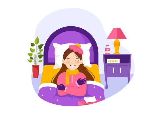 Female sneezing and lying on bed at home  Illustration