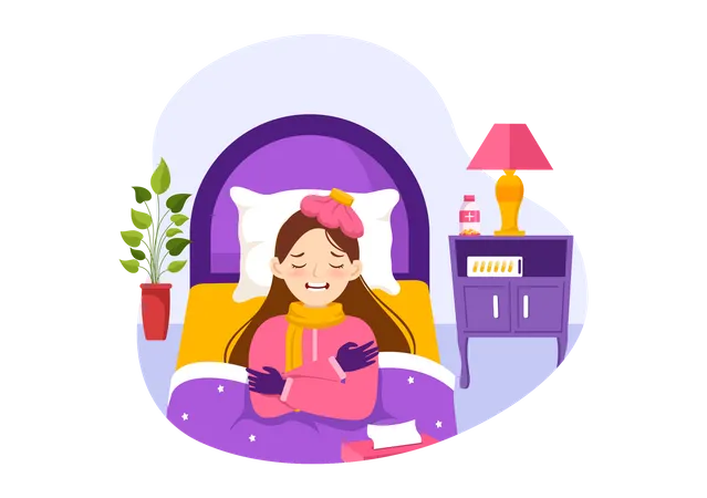 Female sneezing and lying on bed at home  Illustration