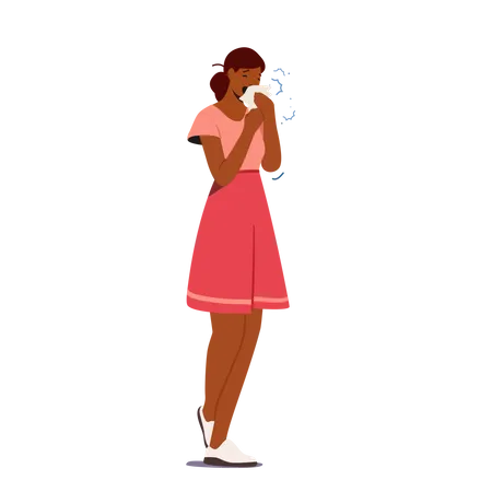 Ill Female Character Sneezing With Runny Nose Contagious Flu Or Viral Disease Infection Symptoms Diseased Woman Suffering Of Cold Virus Isolated On White Background Cartoon Vector Illustration Illustration