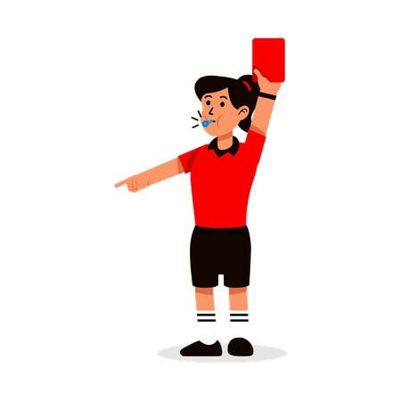 Female soccer referee blowing whistle and showing red card  Illustration