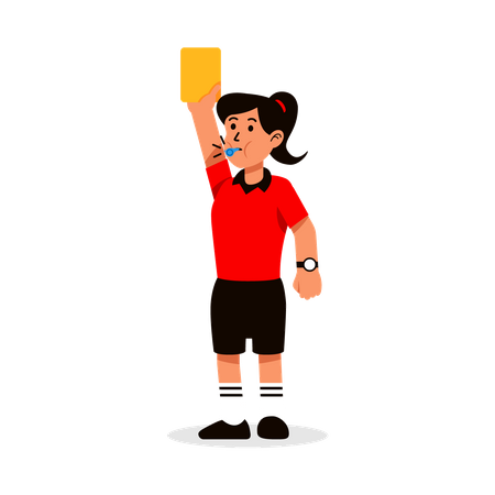 Female soccer referee blowing whistle and showing yellow card  イラスト
