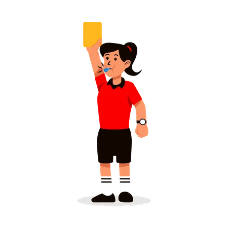 Female Soccer Referee Blowing Whistle And Showing Punishment Card Illustration
