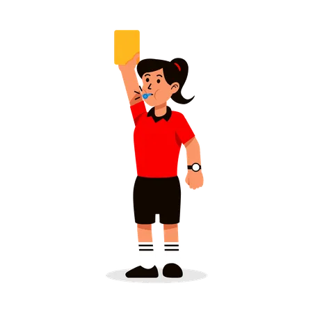 Female soccer referee blowing whistle and showing yellow card  Illustration