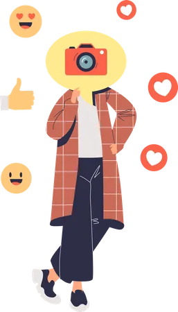 Casual Millennial Girl Posting Photos On Social Media Profile With Emoticons Emoji Around Communication And Emotions Sharing Concept Cartoon Flat Vector Illustration イラスト