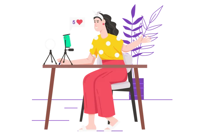 Video Streaming With Blogger Modern Flat Concept Happy Young Girl Making Live Broadcast Using Smartphone And Communicates With Followers Vector Illustration With People Scene For Web Banner Design イラスト