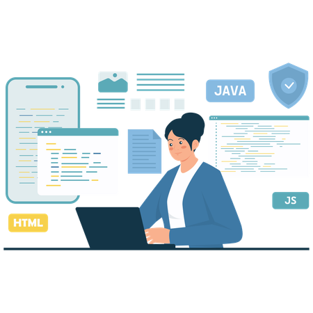 Female Software Engineer learns JAVA language  Illustration