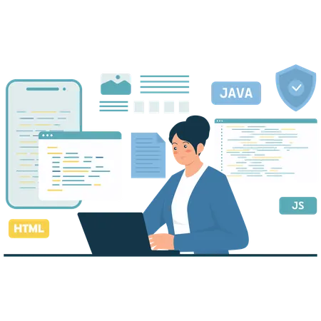 Female Software Engineer learns JAVA language  Illustration