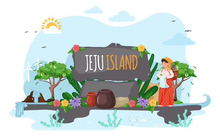 Female South Korean villager standing at Jeju island  Illustration