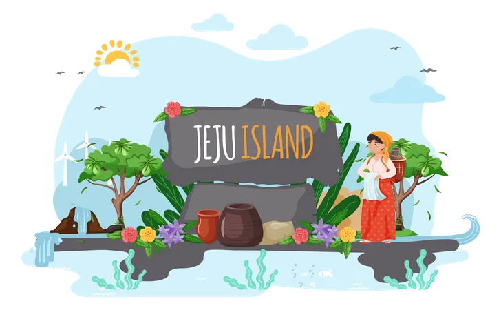 Female South Korean villager standing at Jeju island  Illustration