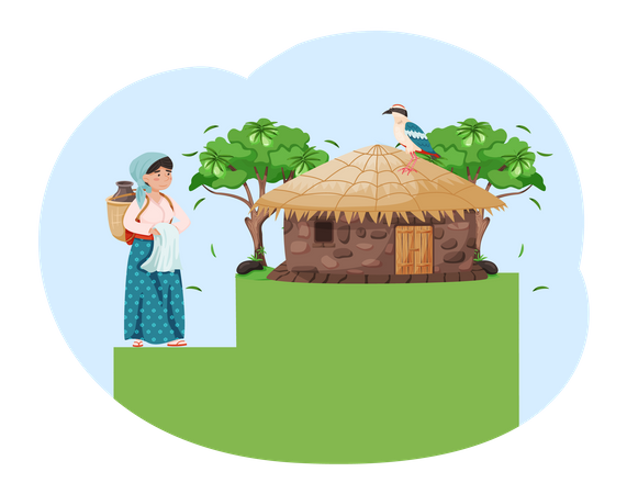 Female South Korean villager standing near house  Illustration