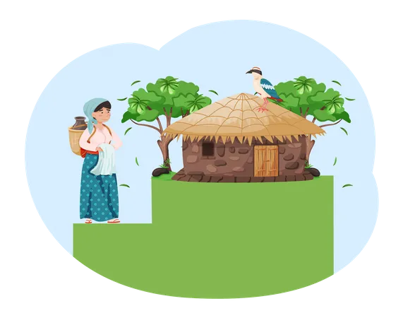 Female South Korean villager standing near house  Illustration