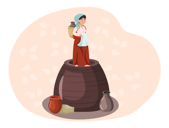 Female South Korean villager standing on pot  Illustration