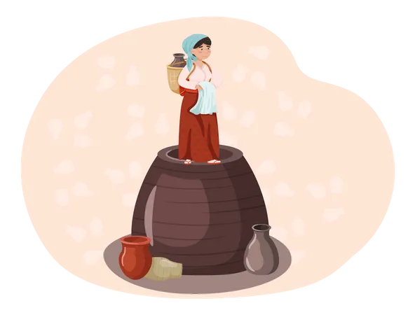 Female South Korean villager standing on pot  Illustration