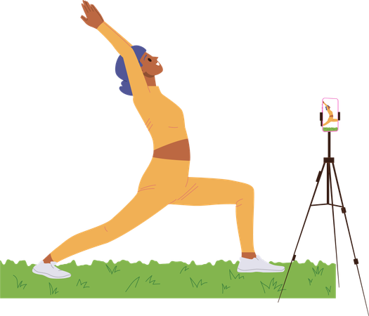 Female sport trainer recording pilates exercise lesson video tutorial for social media on smartphone  Illustration