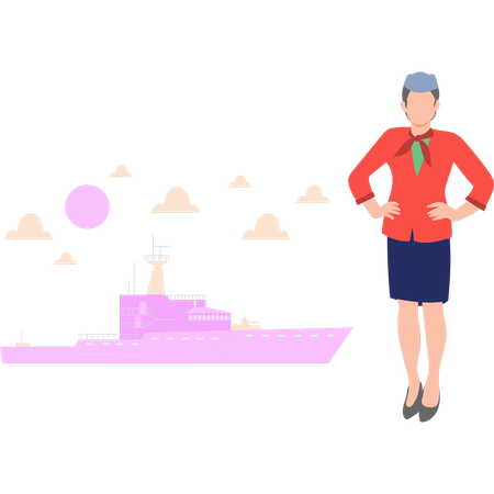 Female staff is standing near the cruise ship  Illustration