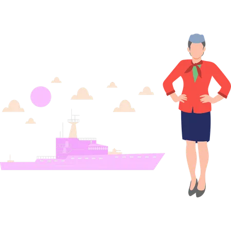 A Female Staff Is Standing Near The Cruise Ship Illustration