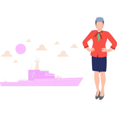 Female staff is standing near the cruise ship  Illustration