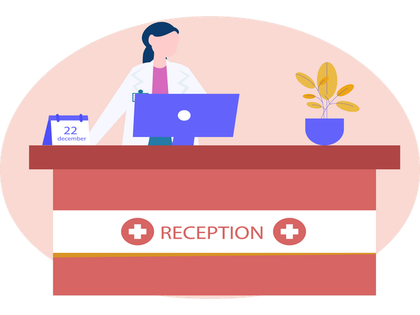 Female Standing at Hospital Reception Desk  Illustration