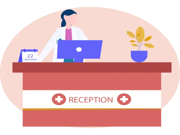 Female Standing at Hospital Reception Desk  Illustration