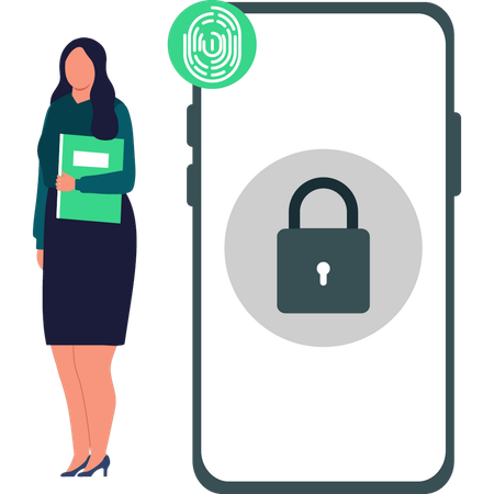 Female standing beside phone with padlock  Illustration