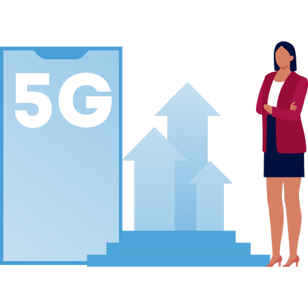 5G 화살표 옆에 서 있는 여성  일러스트레이션