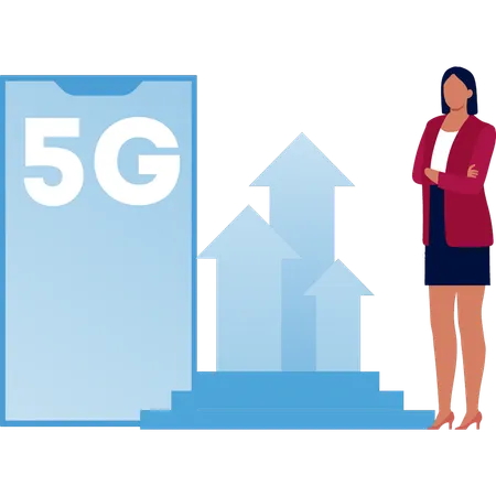 5G 화살표 옆에 서 있는 여성  일러스트레이션