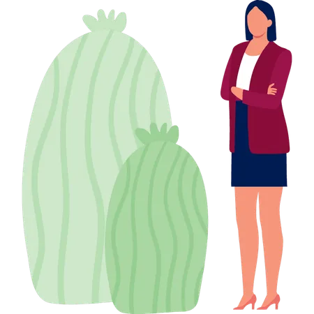 Female standing near cactus plants  Illustration