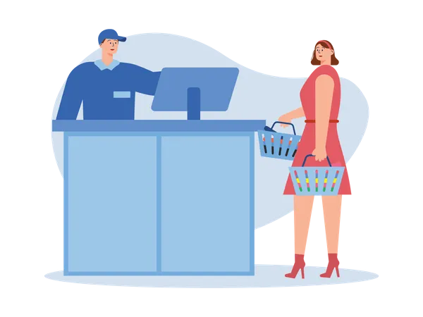 Female standing on cash counter Illustration