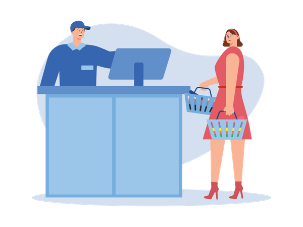 Female standing on cash counter  Illustration