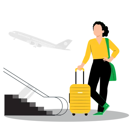 Female standing with luggage in airport  Illustration