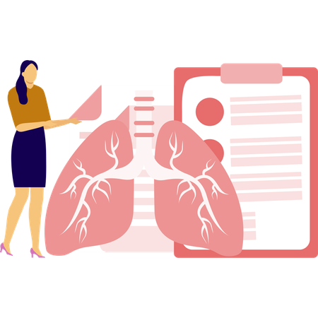 Female standing with lungs report  Illustration
