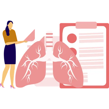 Female standing with lungs report  Illustration