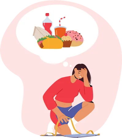 Female Character Struggling With Anorexia Woman Battles With Distorted Body Image Severe Weight Loss And Obsessive Thoughts About Food Leading To Detrimental Physical And Mental Health Consequences Illustration