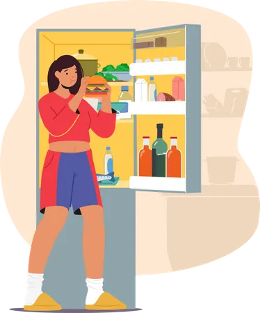 Female Character Struggling With Bulimia Experiencing Cycles Of Binge Eating Followed By Purging Behaviors Woman Eating Burger Fron Refrigerator On Kitchen Cartoon People Vector Illustration Illustration