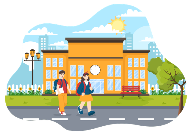 Female student and Male student Leave School Building After Class  Illustration