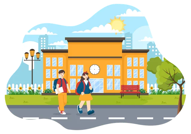 Female student and Male student Leave School Building After Class  Illustration