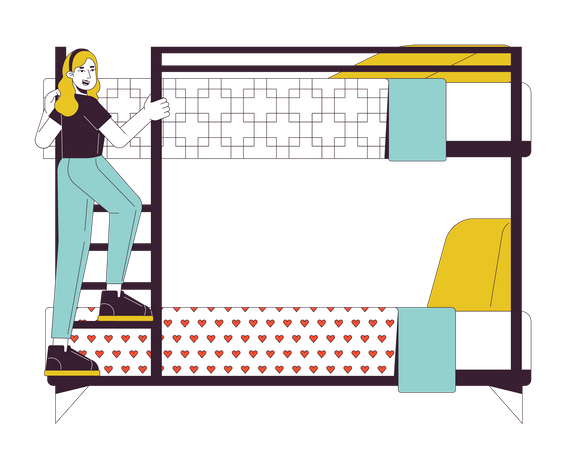 Female student climbing ladder on bunkbed  Illustration