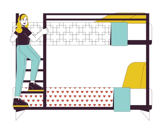 Female Student Climbing Ladder On Bunkbed Flat Line Color Vector Character Editable Outline Full Body Person On White Traveler Girl In Hostel Simple Cartoon Spot Illustration For Web Graphic Design Illustration